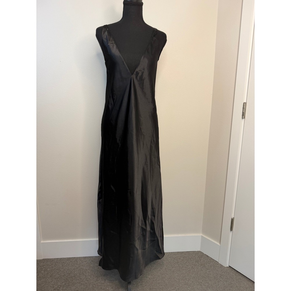 Frederick's‎ of Hollywood Black Satin V-Neck Slip Dress Criss Cross Straps Sz M